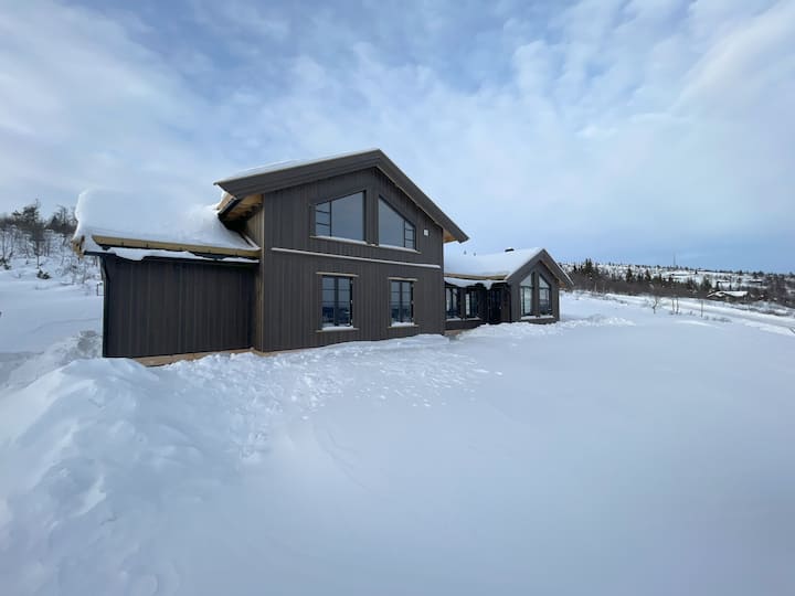 A close-up of a hand holding a steaming mug of Pinnekjøtt in front of a roaring fireplace inside a Hytte.
