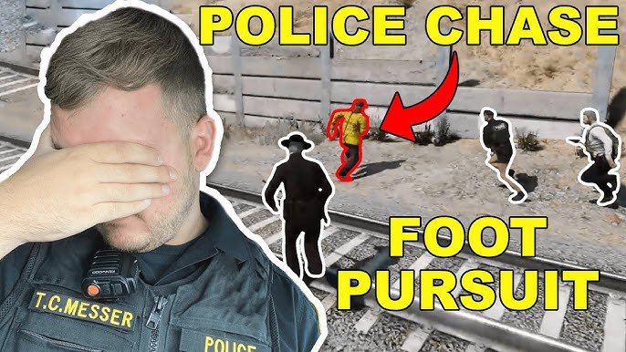 A player during a foot pursuit in a residential area with houses that have picket fences. It is daytime. The suspect is running away. The officer has his gun drawn.