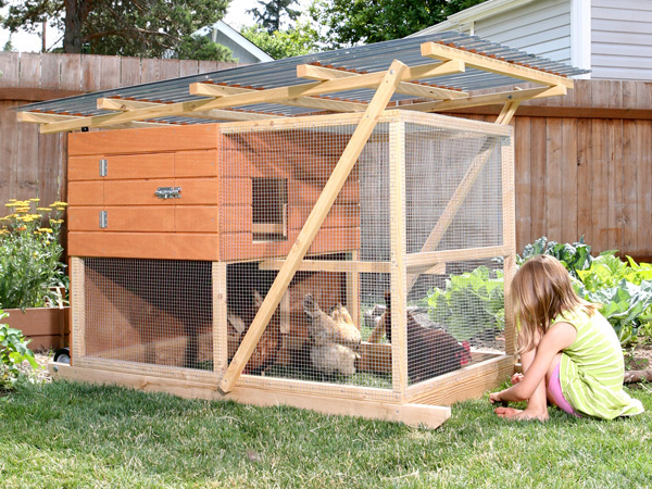Image of a completed chicken tractor with a handle for easy moving.