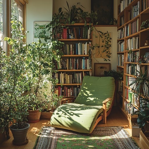 A person is curled up in a cozy reading nook with a book, a cup of tea, and a warm blanket. The scene is illuminated by soft, inviting light, creating a sense of peace and contentment.
