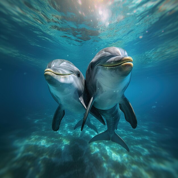 An underwater photo of a diver interacting with a playful dolphin in crystal-clear turquoise water.