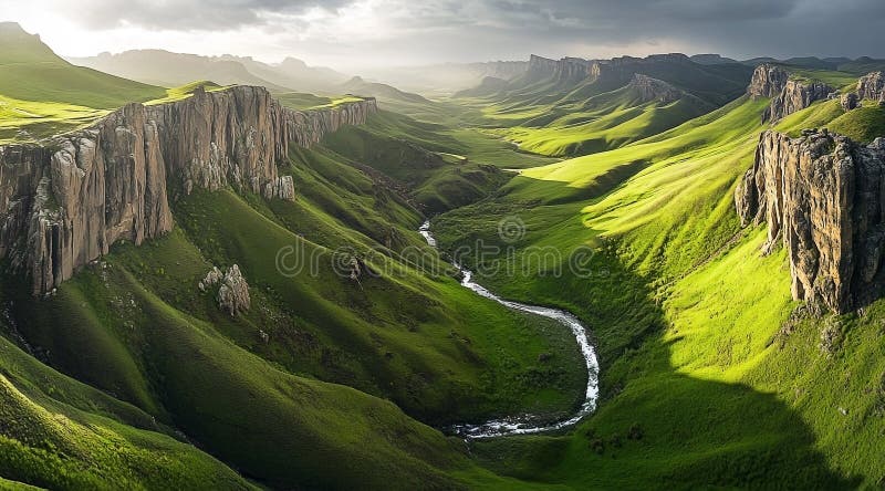 A panoramic view of the Drakensberg escarpment with dramatic clouds and a lone hiker silhouetted on the horizon.
