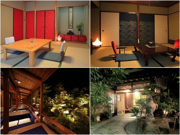 A wide-angle shot of the Ryokan’s façade at dusk, lit by paper lanterns, creating a warm and inviting ambiance. Shot to include the texture of the aged wood, with a slightly long exposure to blur passing pedestrians for a sense of quiet.