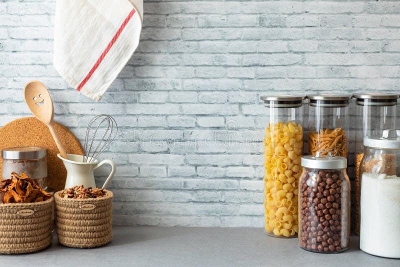 zero waste kitchen background transparent jars pasta cereals wicker baskets food storage