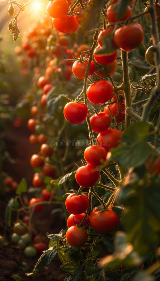 Abundant tomato garden with red ripe tomatoes
