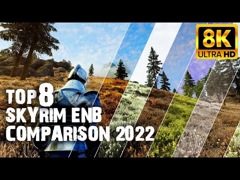 Before and after screenshots of a Skyrim scene, showcasing the dramatic visual improvements offered by an ENB preset. The 