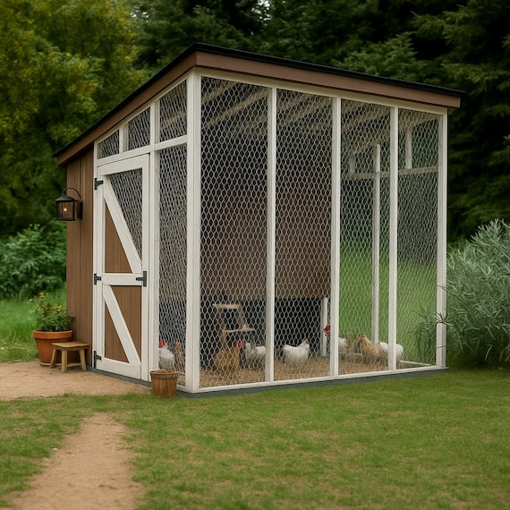 Example of a chicken coop with a ramp to let chickens out.