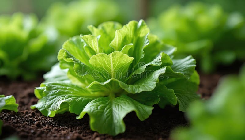 Fresh vibrant green lettuce growing in the garden. Healthy salad ingredient vegetable, ripe leaves closeup detail. Organic nature plant.