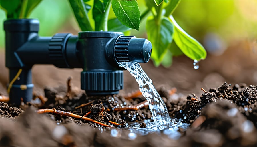 Drip irrigation system being used in a garden