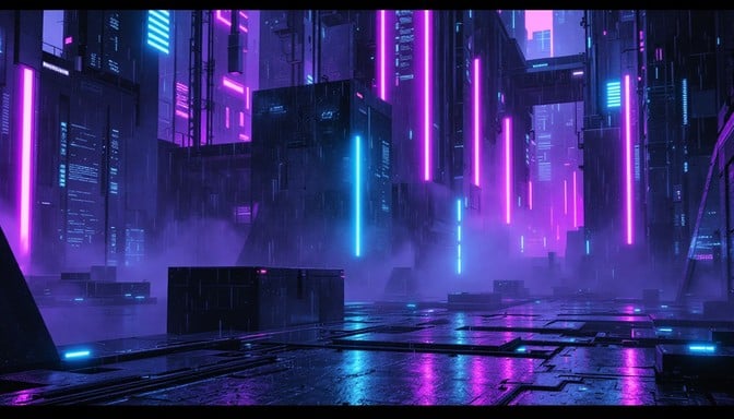 Screenshot of V crouched behind a blue container near a flickering neon sign during the stealth infiltration of the Netwatch Station.