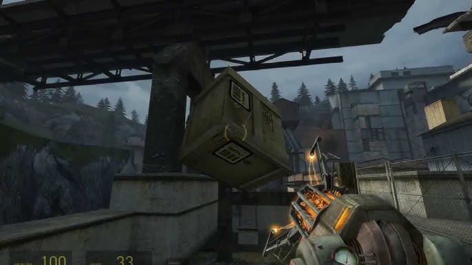 Half-Life 2 Sandtraps bridge puzzle, showing the intended counterweight solution, and a separate image demonstrating a speedrunning clip or physics manipulation technique to bypass it.