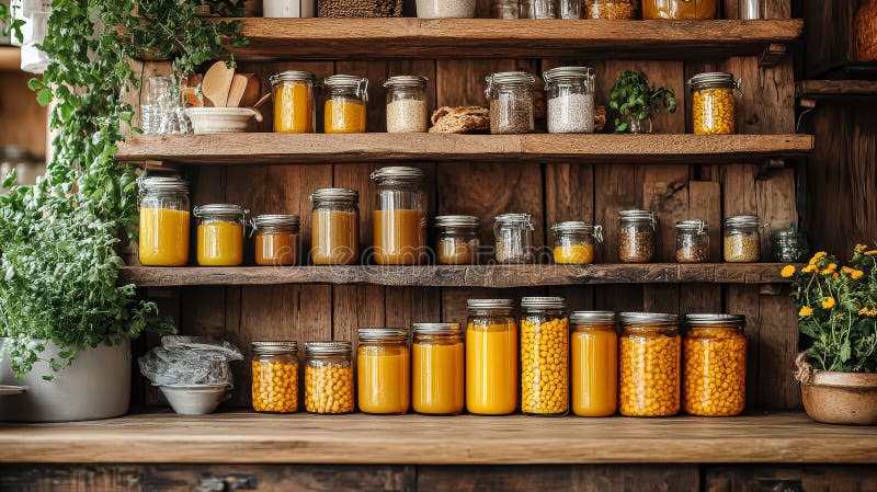 Wooden shelf with jars of food