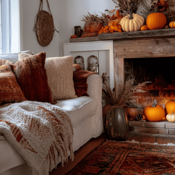 A wider view of a farmhouse living room with a fall mantel decorated with foraged natural materials and thrifted finds, showcasing a warm and inviting atmosphere with a crackling fireplace in the background.