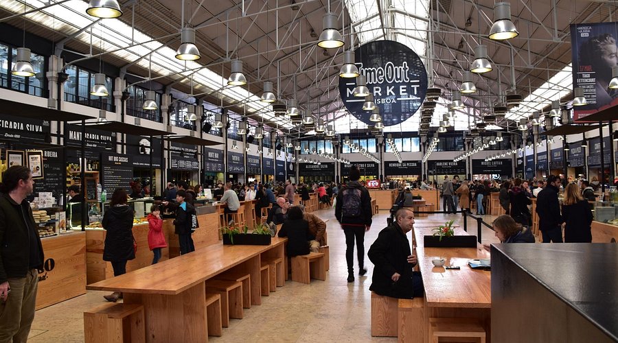 Variety of food stalls at Time Out Market Lisboa