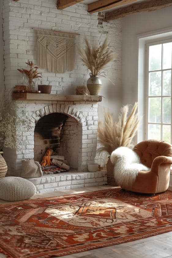 A cozy farmhouse living room decorated for fall, featuring a fireplace mantel adorned with pumpkins, candles, and autumn leaves.