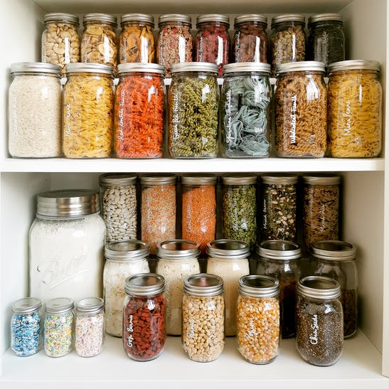 Organized pantry with mason jars and chalkboard labels