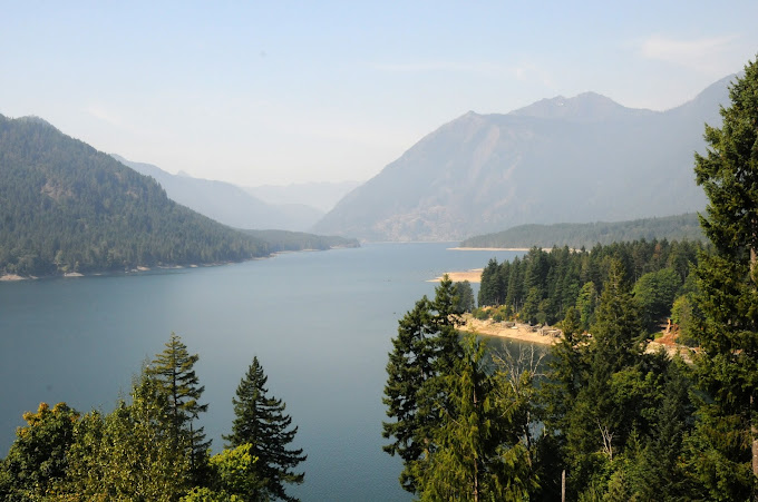 Our converted Sprinter van parked by Lake Cushman, with reclaimed wood paneling visible inside.