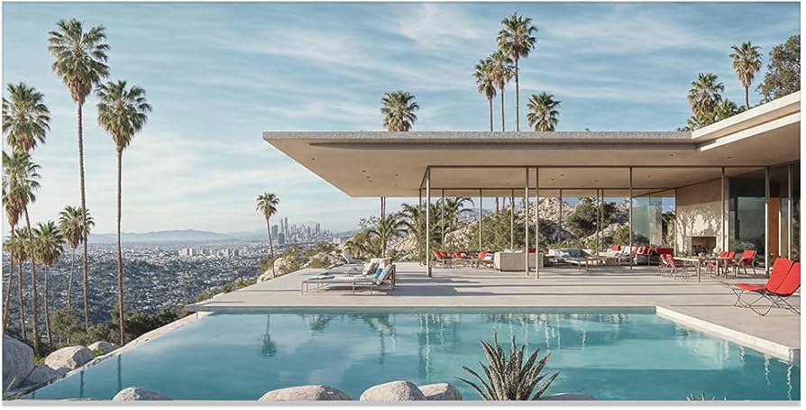 A luxurious pool setting with modern architecture visible under the Palm Springs sun, showcasing an oasis of relaxation and sophistication.
