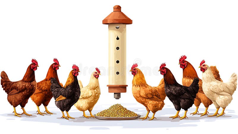 A colorful flock of chickens are gathering around an automatic chicken feeder